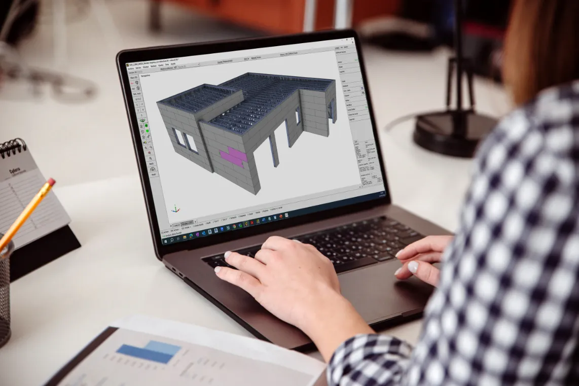 Modelo BIM en 3D de vivienda diseñada con estructura steel frame y paneles Thermochip Housing
