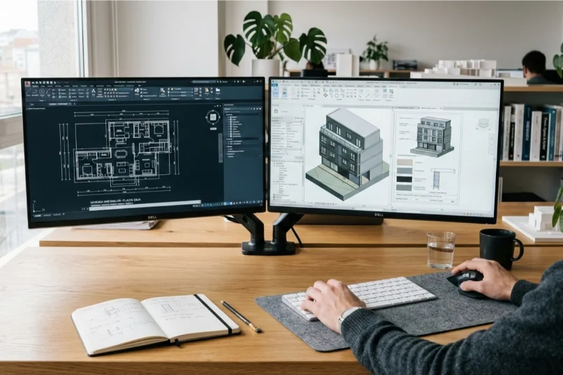 Persona trabajando en las oficinas de Thermochip con doble monitor mostrando planos arquitectónicos y modelo 3D de edificio sobre escritorio de madera con cuaderno y teclado.